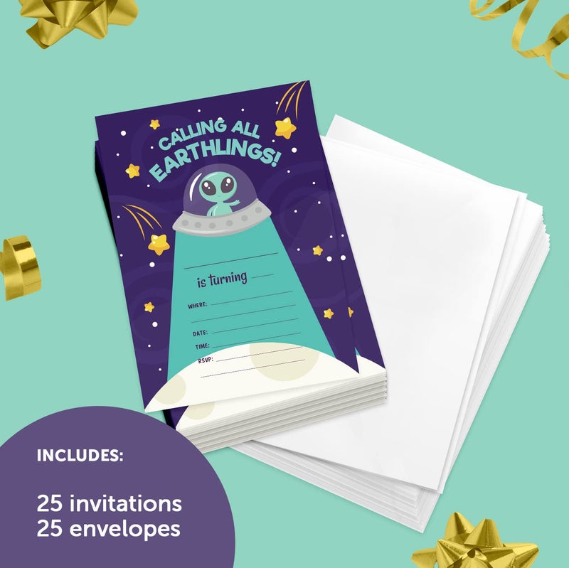 Desert Cactus Alien Happy Birthday Invitations #2 Invite Cards (25 Count) With Envelopes Boys Girls Kids Party (25ct) - Image 2